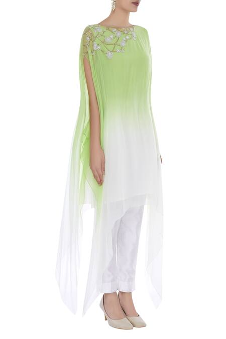 Swapan & Seema_White Chiffon Cutdana Embroidered Round Neckline Kaftan Tunic With Inner_Online_at_Aza_Fashions