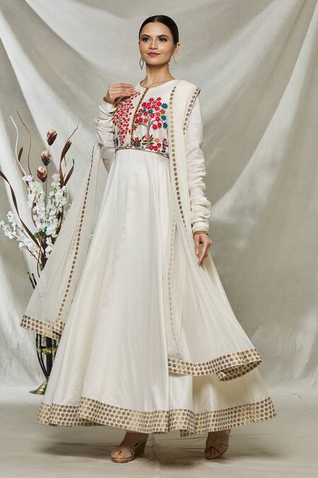 Buy Rohit Bal White Embroidered Floral Round Gathered Sleeve Anarkali Set Online at Aza Fashions Buy_Rohit Bal_White Embroidered Floral Round Gathered Sleeve Anarkali Set_Online_at_Aza_Fashions