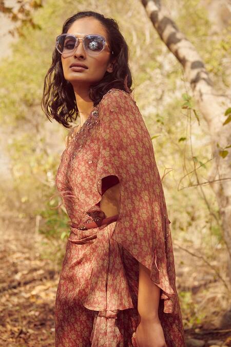 Dolly J_Beige Silk Chiffon One Shoulder Demure Draped Gown _Online_at_Aza_Fashions