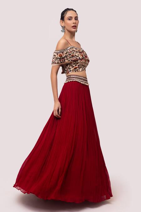 Onaya_Red Georgette, Velvet Embroidery, Sequins, Mirrors Floral Print Top And Skirt Set_Online_at_Aza_Fashions