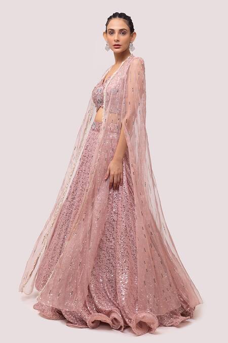Onaya_Pink Lycra Embroidered Sequin V Neck Jacket Lehenga Set_Online_at_Aza_Fashions