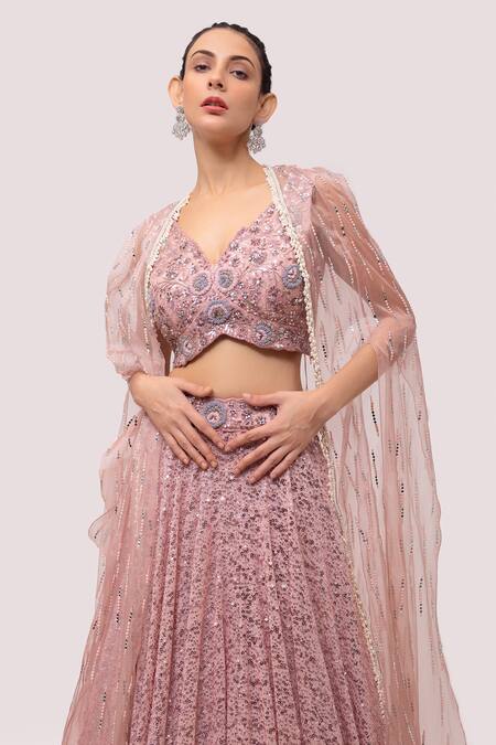 Shop_Onaya_Pink Lycra Embroidered Sequin V Neck Jacket Lehenga Set_Online_at_Aza_Fashions
