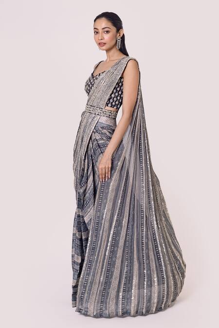 Buy_Onaya_Grey Chiffon Cutdana, Crystals, Diamond Pattern Pre-draped Saree With Blouse_Online_at_Aza_Fashions
