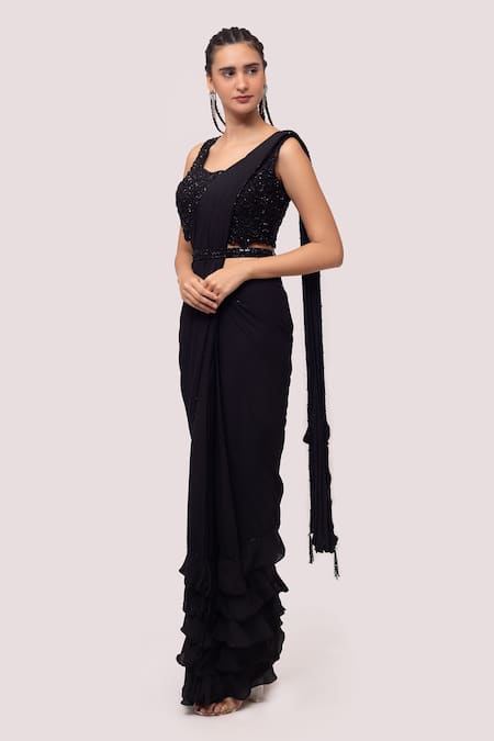 Onaya Black Georgette Embellished Cutdana And Ruffle Pre-draped Saree & Blouse Set Online at Aza Fashions Onaya_Black Georgette Embellished Cutdana And Ruffle Pre-draped Saree & Blouse Set _Online_at_Aza_Fashions