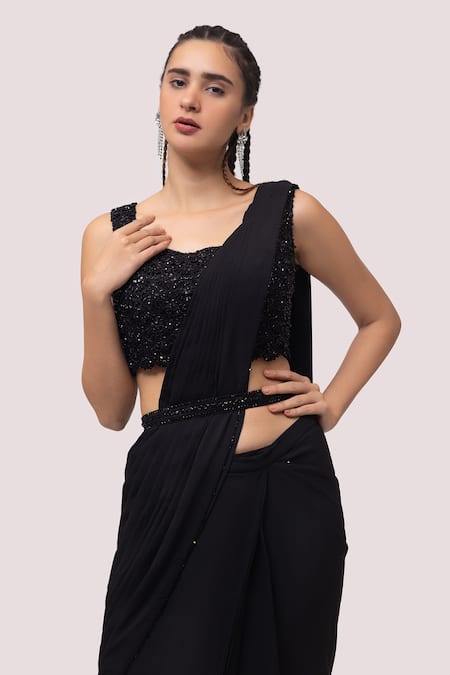 Shop Onaya Black Georgette Embellished Cutdana And Ruffle Pre-draped Saree & Blouse Set Online at Aza Fashions Shop_Onaya_Black Georgette Embellished Cutdana And Ruffle Pre-draped Saree & Blouse Set _Online_at_Aza_Fashions