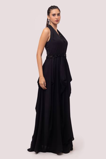 Buy_Onaya_Black Georgette Cut Work, Sequins Halter Neck Monochromatic Gown_Online_at_Aza_Fashions