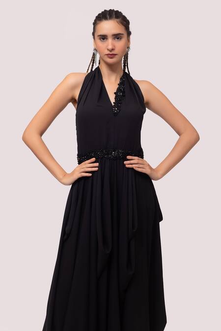 Shop_Onaya_Black Georgette Cut Work, Sequins Halter Neck Monochromatic Gown_Online_at_Aza_Fashions