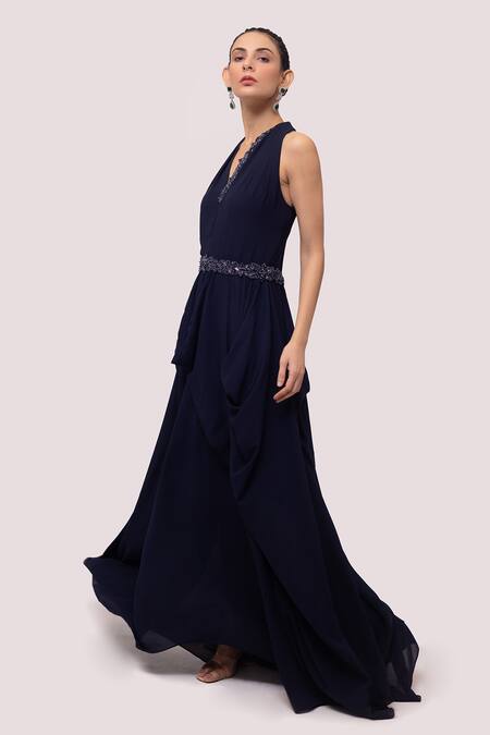 Onaya_Blue Georgette Sequins, Cut Work Halter Neck Monochromatic Drape Gown_Online_at_Aza_Fashions