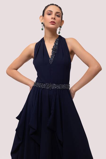 Buy_Onaya_Blue Georgette Sequins, Cut Work Halter Neck Monochromatic Drape Gown_Online_at_Aza_Fashions