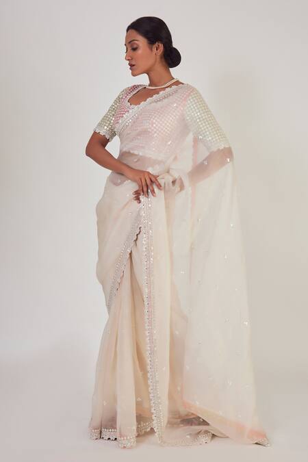 Onaya_Off White Organza Embroidered Saree With Blouse_Online_at_Aza_Fashions