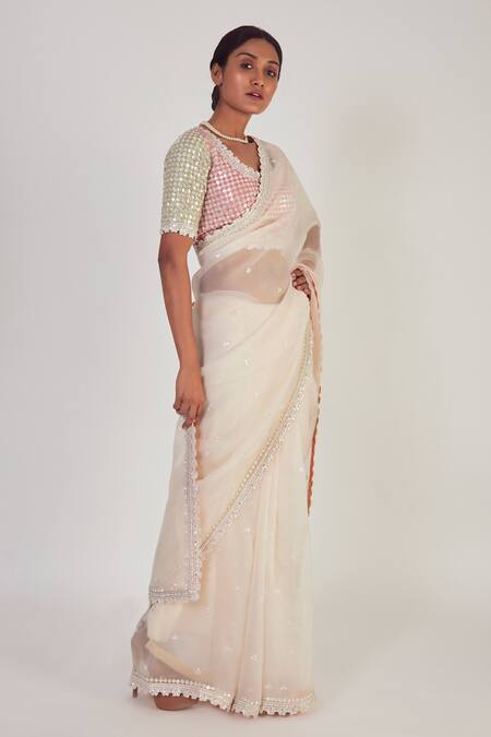 Buy Off White Saree Viscose Georgette Border With Bishop Sleeve Blouse For  Women by Aariyana Couture Online at Aza Fashions.
