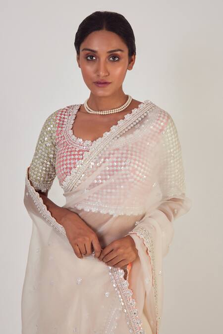 Shop_Onaya_Off White Organza Embroidered Saree With Blouse_Online_at_Aza_Fashions