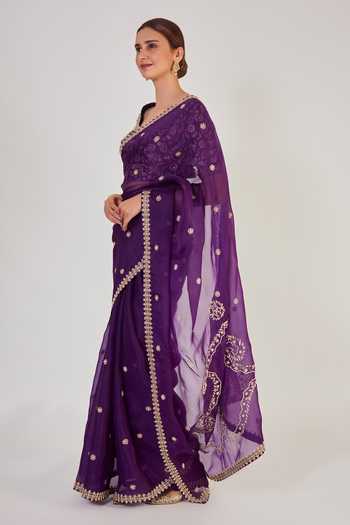 Onaya Purple Organza Zardozi Deep U Neck Embroidered Saree With Blouse Online at Aza Fashions Onaya_Purple Organza Zardozi Deep U Neck Embroidered Saree With Blouse_Online_at_Aza_Fashions