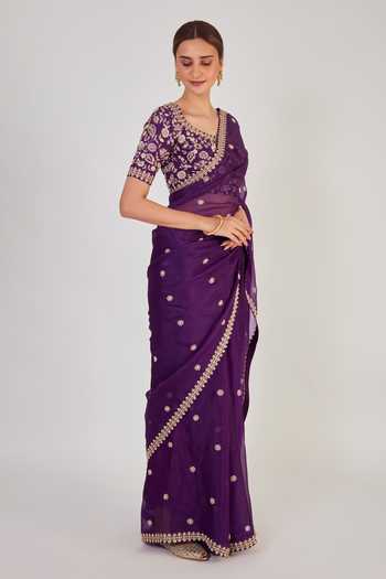 Buy Onaya Purple Organza Zardozi Deep U Neck Embroidered Saree With Blouse Online at Aza Fashions Buy_Onaya_Purple Organza Zardozi Deep U Neck Embroidered Saree With Blouse_Online_at_Aza_Fashions