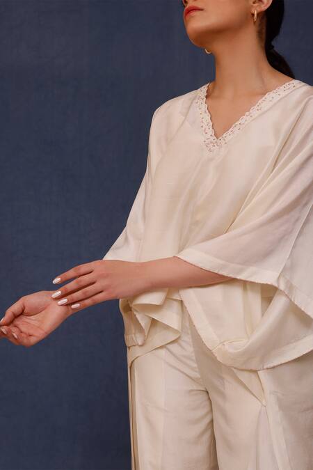 Buy_Chokhi Chorri_White Silk Embroidery V-neck Afro Asymmetric Top With Pant _Online_at_Aza_Fashions
