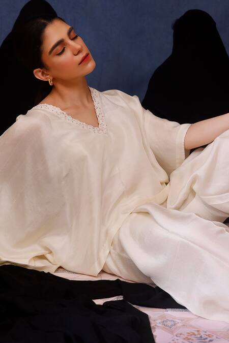 Shop_Chokhi Chorri_White Silk Embroidery V-neck Afro Asymmetric Top With Pant _Online_at_Aza_Fashions