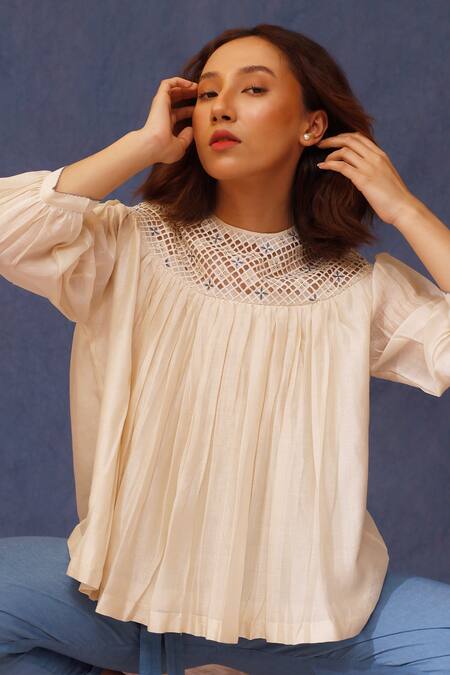 Shop_Chokhi Chorri_Off White Silk, Linen Embroidery Round Iris Mosaic Cutwork Yoke Top With Pant _Online_at_Aza_Fashions