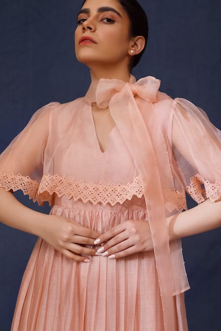 Chokhi Chorri_Pink Chanderi Silk Cut Work Bandeau Neck Organza Yoke Dress _Online_at_Aza_Fashions