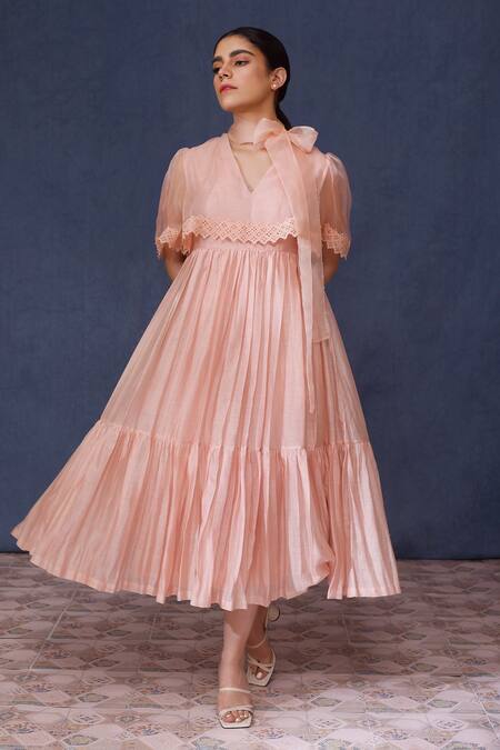 Buy Chokhi Chorri Pink Chanderi Silk Cut Work Bandeau Neck Organza Yoke Dress Online at Aza Fashions Buy_Chokhi Chorri_Pink Chanderi Silk Cut Work Bandeau Neck Organza Yoke Dress _Online_at_Aza_Fashions