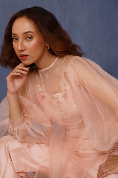 Chokhi Chorri_Pink Bustier Pant Silk Embroidery Floral Alya Balloon Sleeve Sheer Kurta Set _Online_at_Aza_Fashions
