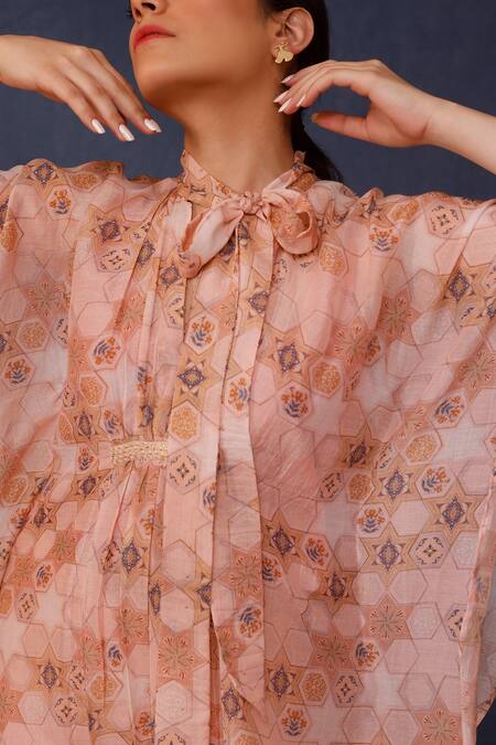 Chokhi Chorri_Pink Silk, Chanderi Sequins Bandeau Amina Moroccan Tile Print Kaftan With Pant _Online_at_Aza_Fashions