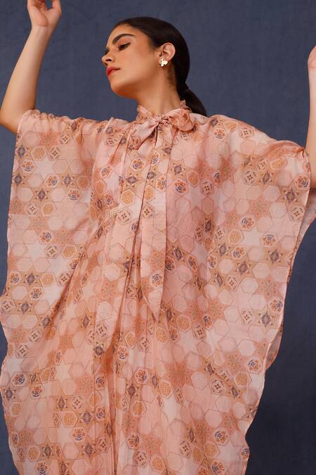 Buy_Chokhi Chorri_Pink Silk, Chanderi Sequins Bandeau Amina Moroccan Tile Print Kaftan With Pant _Online_at_Aza_Fashions