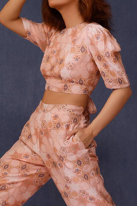 Buy Chokhi Chorri Pink Silk, Chanderi Beads Round Amina Moroccan Tile Print Crop Top With Pant Online at Aza Fashions Buy_Chokhi Chorri_Pink Silk, Chanderi Beads Round Amina Moroccan Tile Print Crop Top With Pant _Online_at_Aza_Fashions