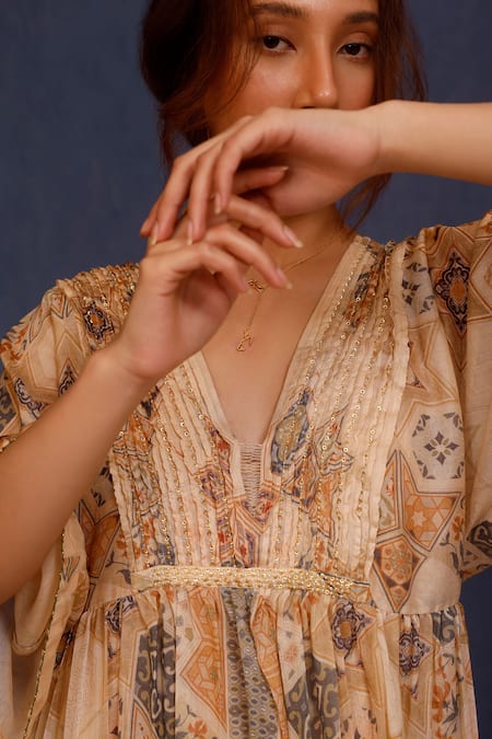 Buy_Chokhi Chorri_Beige Cotton Sequins V-neck Damsa Moroccan Tile Print Dress _Online_at_Aza_Fashions