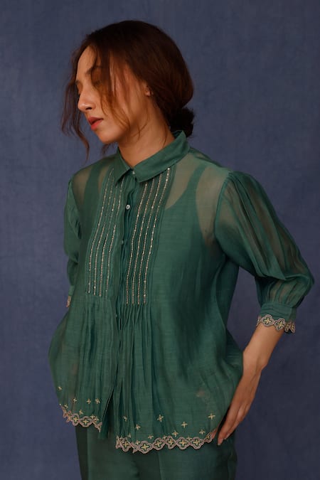 Buy_Chokhi Chorri_Green Cotton, Silk Embroidery, Sequins Mona Cutwork Hem Shirt With Pant _Online_at_Aza_Fashions
