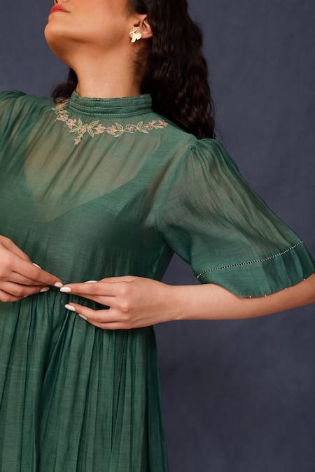 Chokhi Chorri_Green Cotton Embroidery Round Neck Mona Malai Gathered Dress _Online_at_Aza_Fashions