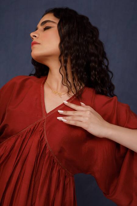 Chokhi Chorri_Red Silk Beads V-neck Azar Gathered Dress _Online_at_Aza_Fashions