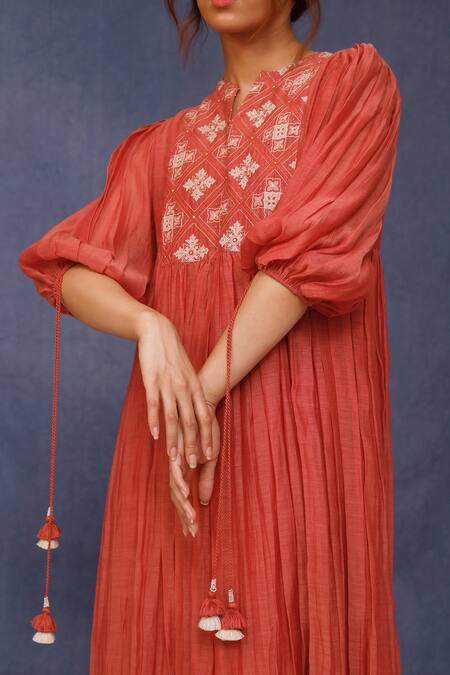 Chokhi Chorri_Red Cotton Beads Open Neck Nika Embroidered Yoke Dress _Online_at_Aza_Fashions