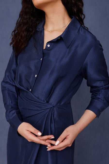 Chokhi Chorri_Blue Silk Collared Afina Shirt Dress _Online_at_Aza_Fashions