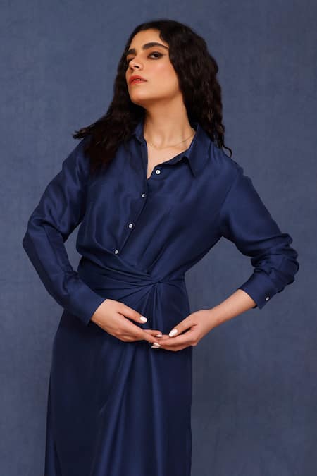 Buy_Chokhi Chorri_Blue Silk Collared Afina Shirt Dress _Online_at_Aza_Fashions