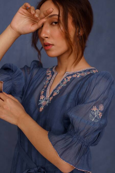 Chokhi Chorri_Blue Cotton Embroidery Split V-neck Mina Placement Floral Dress _Online_at_Aza_Fashions