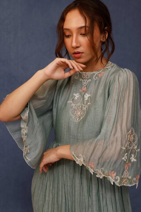 Chokhi Chorri_Blue Cotton Embroidery Round Neck Kyra Hand Dress _Online_at_Aza_Fashions