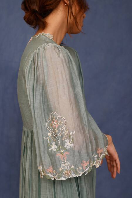 Buy_Chokhi Chorri_Blue Cotton Embroidery Round Neck Kyra Hand Dress _Online_at_Aza_Fashions