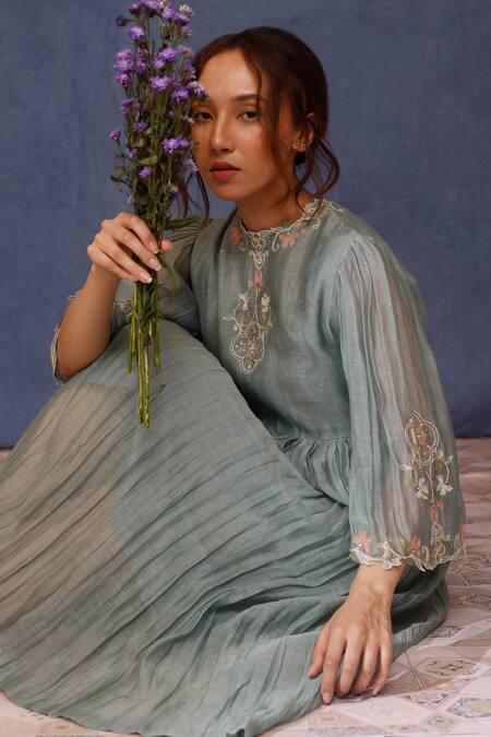 Shop_Chokhi Chorri_Blue Cotton Embroidery Round Neck Kyra Hand Dress _Online_at_Aza_Fashions