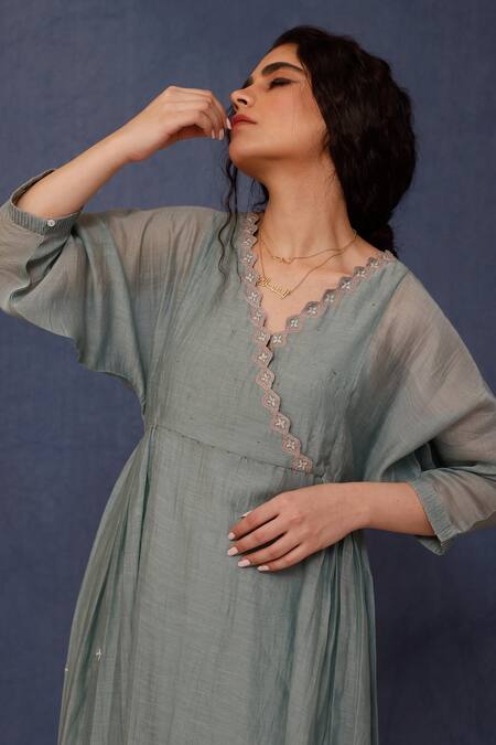 Buy_Chokhi Chorri_Blue Anarkali Malai Cotton Embroidery Flower V Neck Kyra Neckline With Pant _Online_at_Aza_Fashions