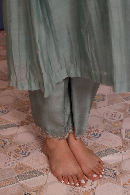 Shop_Chokhi Chorri_Blue Anarkali Malai Cotton Embroidery Flower V Neck Kyra Neckline With Pant _Online_at_Aza_Fashions