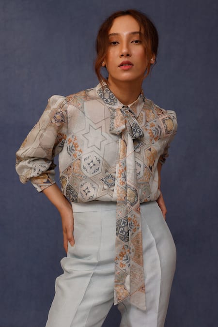 Chokhi Chorri_Blue Silk Collared Arzu Moroccan Tile Print Top With Pant _Online_at_Aza_Fashions