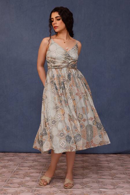 Chokhi Chorri_Blue Silk, Chanderi, Organza Beads Arzu Moroccan Tile Print Dress With Jacket _Online_at_Aza_Fashions