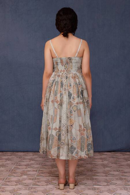 Buy_Chokhi Chorri_Blue Silk, Chanderi, Organza Beads Arzu Moroccan Tile Print Dress With Jacket _Online_at_Aza_Fashions