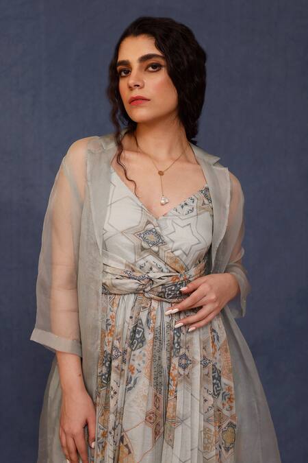 Shop_Chokhi Chorri_Blue Silk, Chanderi, Organza Beads Arzu Moroccan Tile Print Dress With Jacket _Online_at_Aza_Fashions