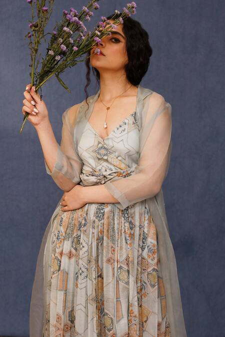 Chokhi Chorri_Blue Silk, Chanderi, Organza Beads Arzu Moroccan Tile Print Dress With Jacket _at_Aza_Fashions