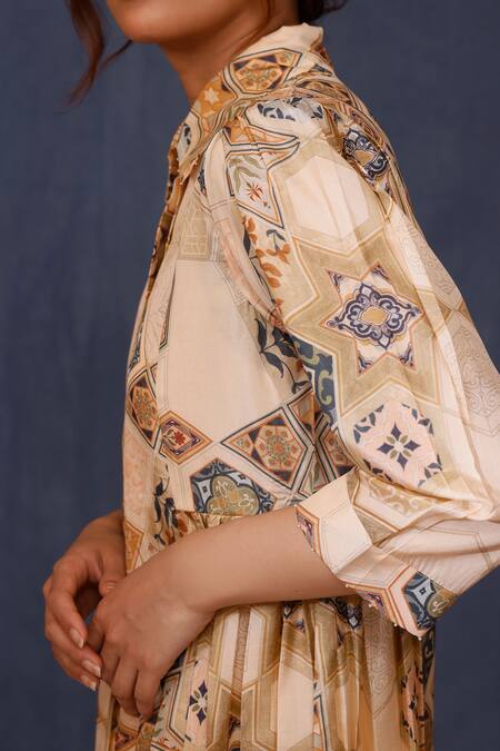 Chokhi Chorri_Beige Silk Collared Hadis Handwoven Shirt Dress _Online_at_Aza_Fashions