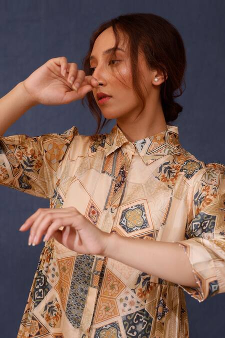 Buy_Chokhi Chorri_Beige Silk Collared Hadis Handwoven Shirt Dress _Online_at_Aza_Fashions