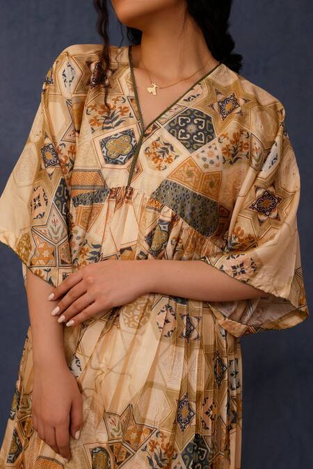 Chokhi Chorri_Beige Silk Beads V-neck Arsha Handwoven Moroccan Tile Print Dress _Online_at_Aza_Fashions