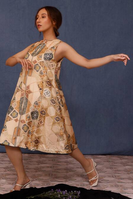 Chokhi Chorri_Beige Silk Round Neck Arsia Moroccan Tile Print Dress _Online_at_Aza_Fashions