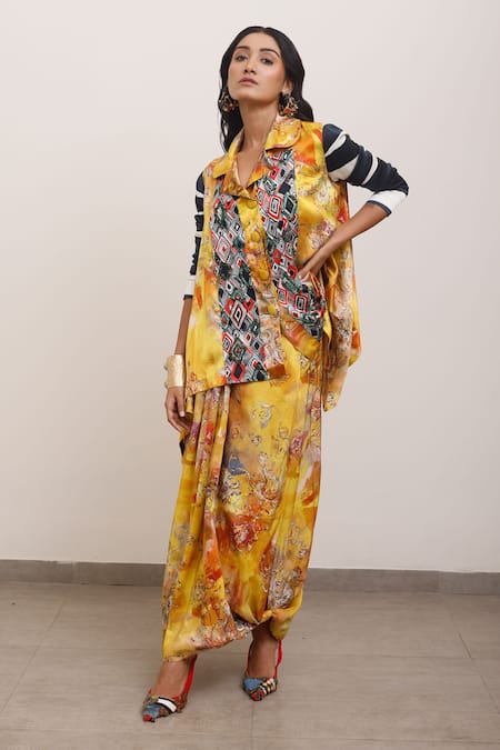 AK-OK_Yellow Silk Collared Abstract Print Shirt _Online_at_Aza_Fashions